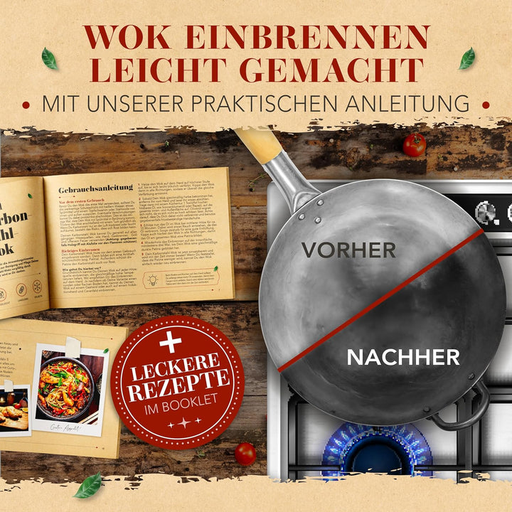 KRUSTENZAUBER 30cm Wokpfanne runder Boden - Traditionelle Stahlwokpfanne mit Wokwender u. Wokring -