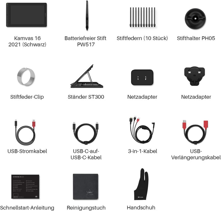 HUION Kamvas 16 Grafiktablett mit Display, 15,6 Zoll，8192 Stufen Batterieloser Stift, 10 Tasten Zeic