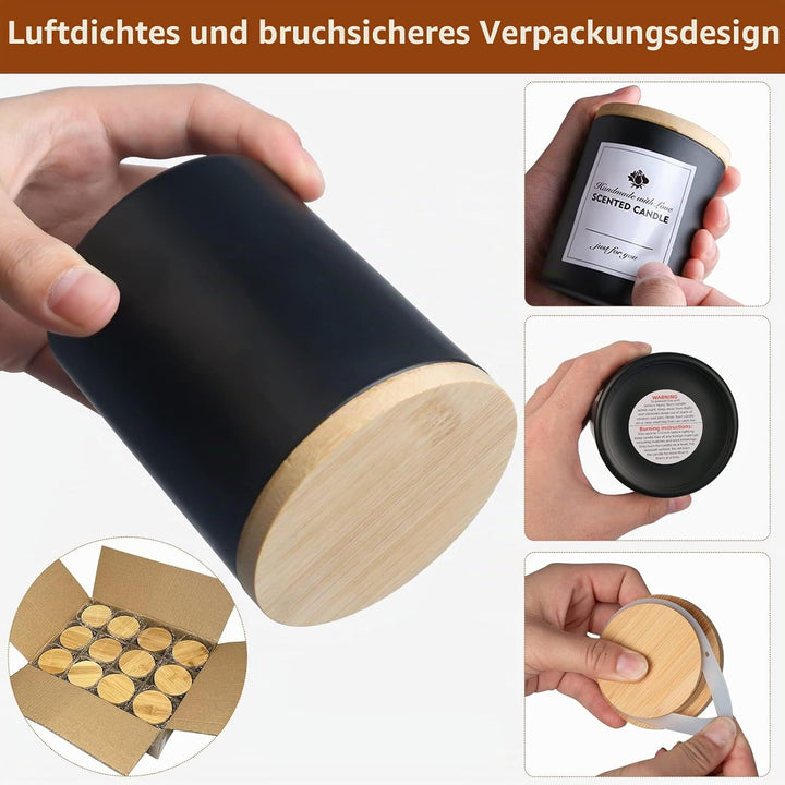 CONNOO 12 Stück 284 ml mattschwarze Glas-Kerzengläser mit Bambusdeckel für die Herstellung von Kerze