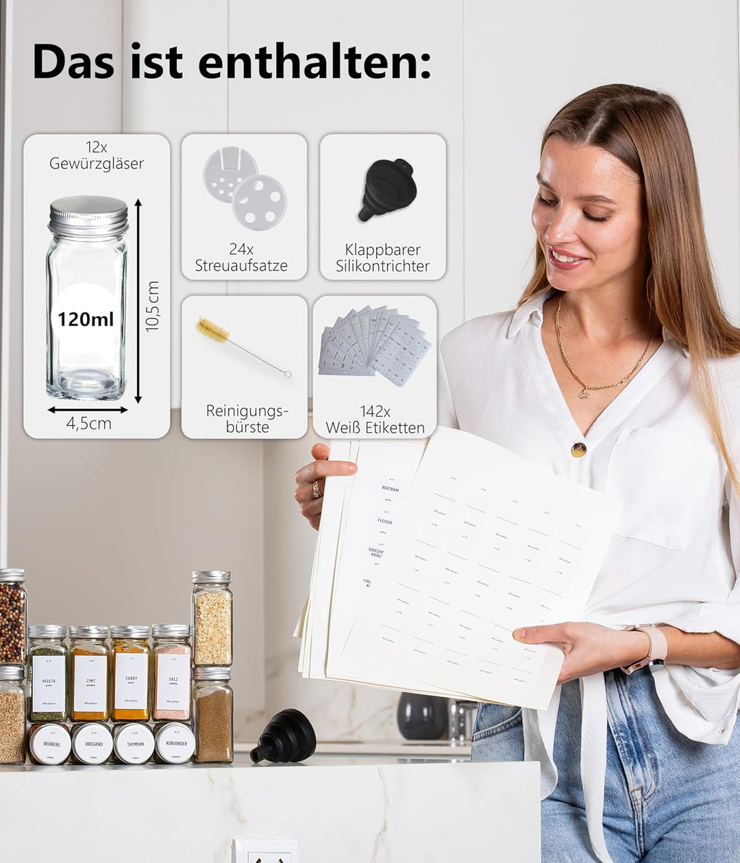 Deco haus® Gewürzgläser eckig luftdicht 12er Set [inkl. Etiketten & Streueinsatz] - Gewürzdosen Set