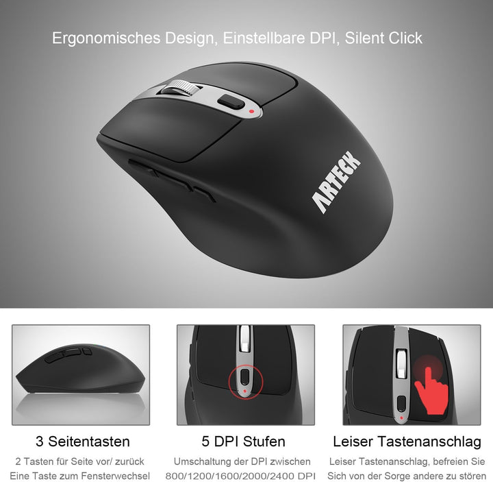 Arteck 2.4G Kabellose Tastatur und Maus kombination Ultra dünne Full Size Tastatur Tastatur und ergo
