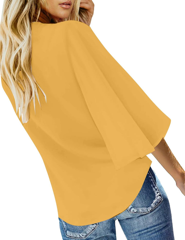 Damen Bluse Chiffon Elegant V-Ausschnitt Bell Sleeve Fledermausärmel Oberteile Hemd Loose Tops mit 3