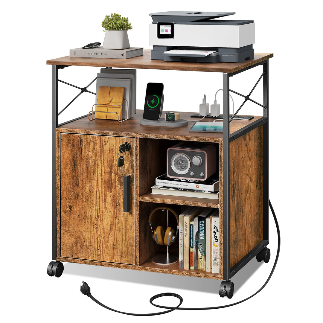 DEVAISE Druckertisch mit Ladestation, Rollcontainer mit Rollen und offenen Ablagen, Druckerschrank a