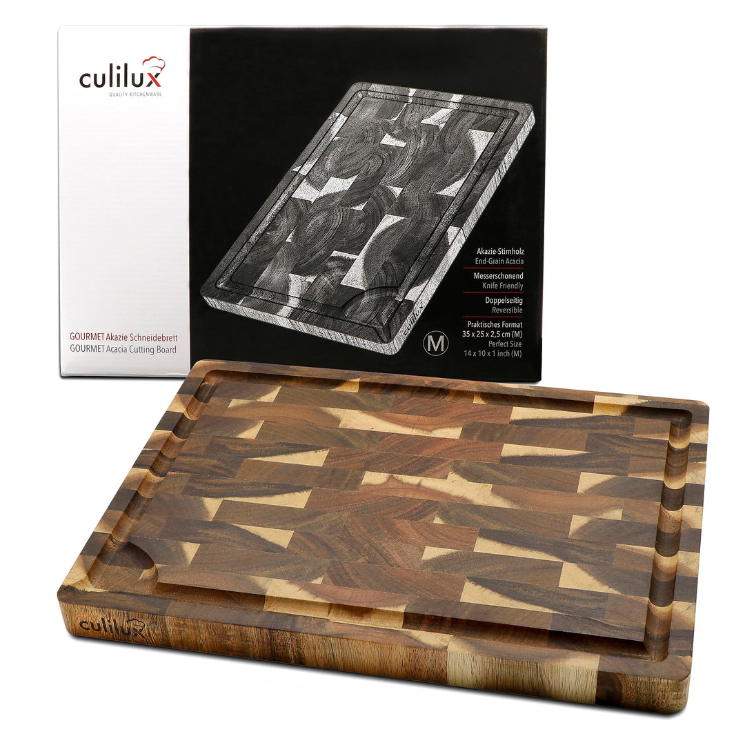CULILUX Gourmet Schneidebrett M Stirnholz Akazie 2-seitig 35 x 25 x 2.5 cm mit Saftrille antiseptisc
