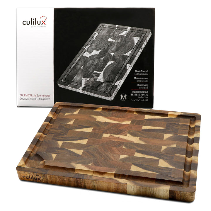 CULILUX Gourmet Schneidebrett M Stirnholz Akazie 2-seitig 35 x 25 x 2.5 cm mit Saftrille antiseptisc