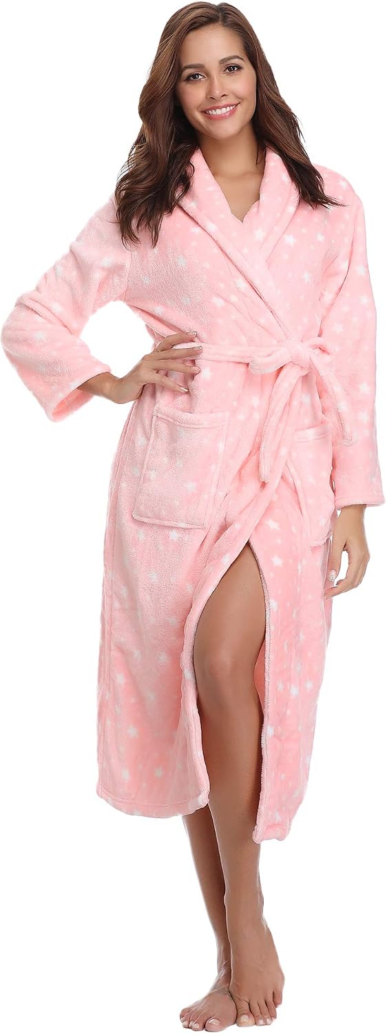 Vlazom Winter Bademantel weicher Flanell Bademantel Damen Saunamantel mit Kapuze Flauschiger Morgenm