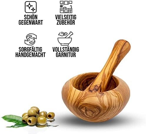 Mörser mit Stössel aus Olivenholz, Kräutermörser, handgefertigt mit Naturrand, Küchenmörser Holzmörs
