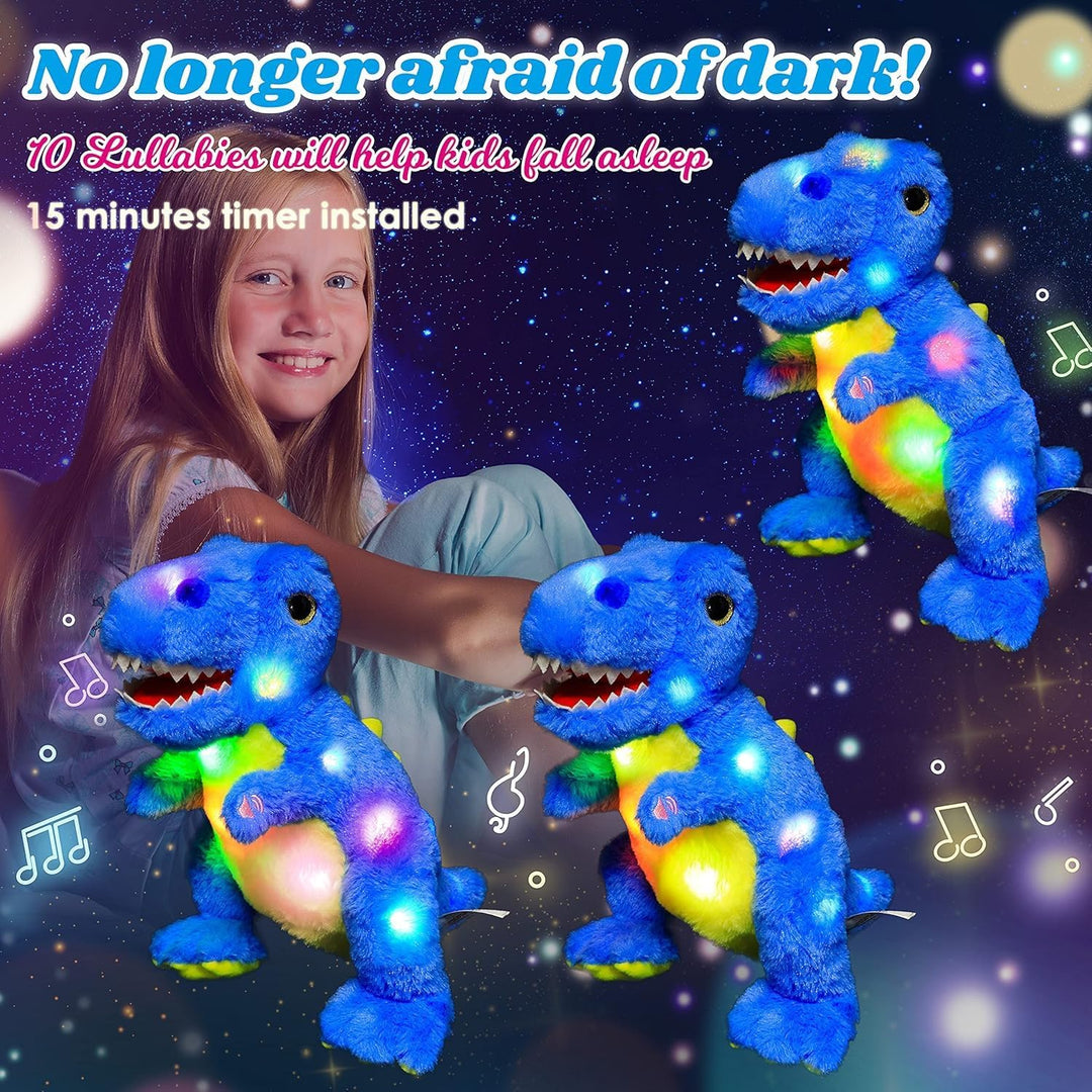 Blau Dinosaurier LED Musikalisches Plüschtier mit Leuchtend Singender T-Rex Schlaflied, Dino Kuschel