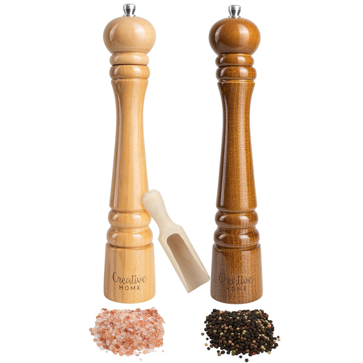 Creative Home Grosse Salz Pfeffermühle Holz | Set von 2 Mühlen mit Mini-Holzschaufel | 31,5cm Höhe |