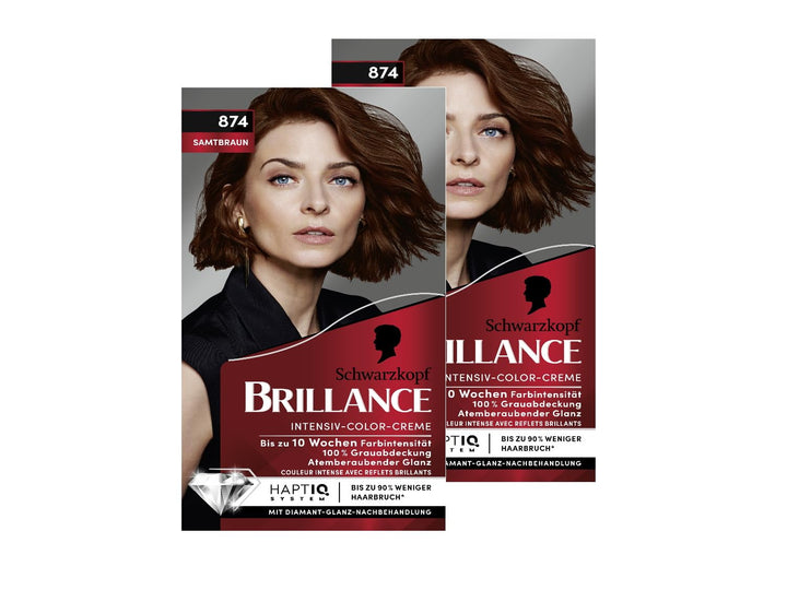 Brillance Intensiv-Color-Creme 874 Samtbraun (2x 160 ml), dauerhafte Haarfarbe mit Diamant-Glanz und