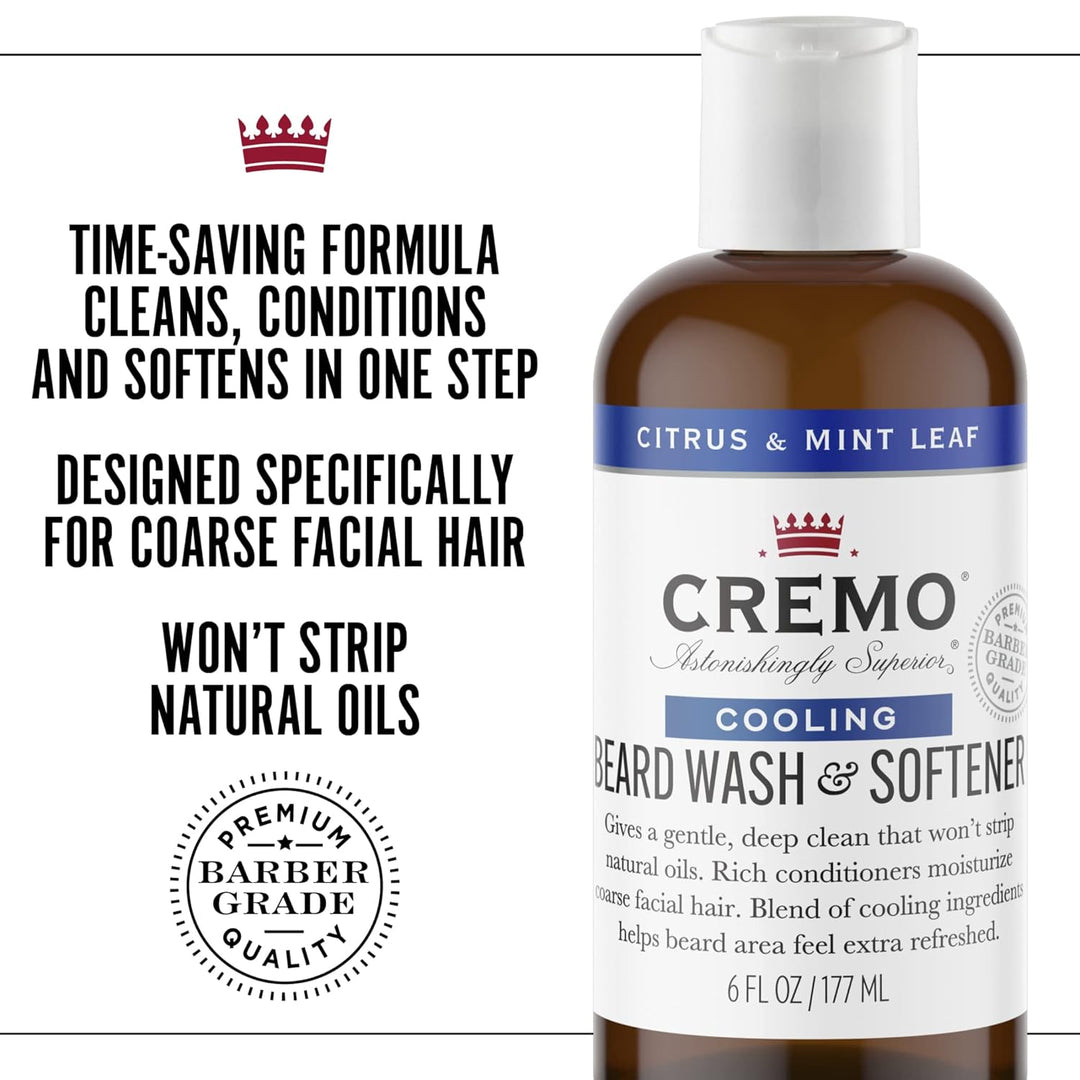 CREMO - Beard Wash & Softener For Men | Cooling Citrus & Mint Leaf | 177ml, Beard Wash