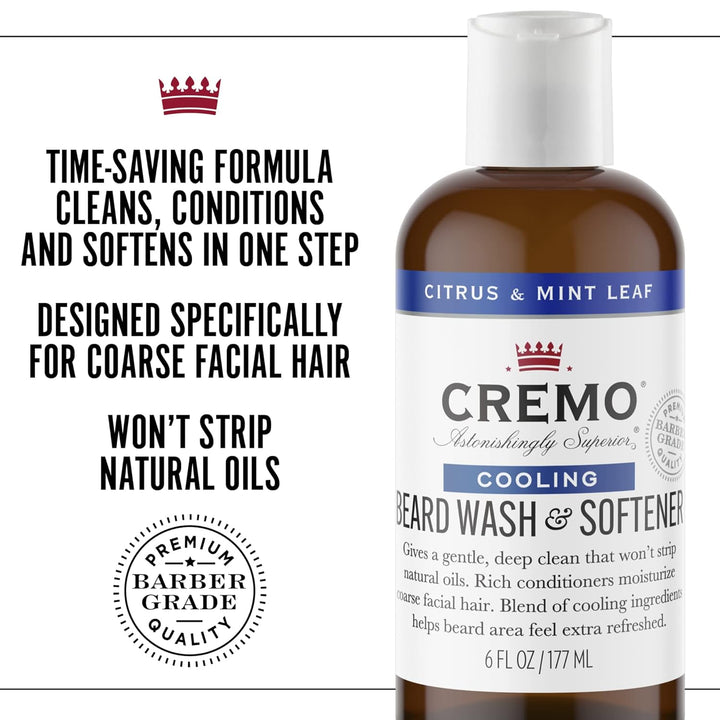 CREMO - Beard Wash & Softener For Men | Cooling Citrus & Mint Leaf | 177ml, Beard Wash