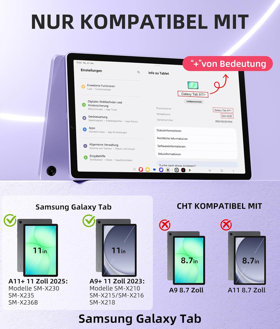 Vobafe Hülle mit Tastatur für Samsung Galaxy Tab A11+ Plus 11 Zoll 2025 / Tab A9+ Plus 2023, 7 Farbe