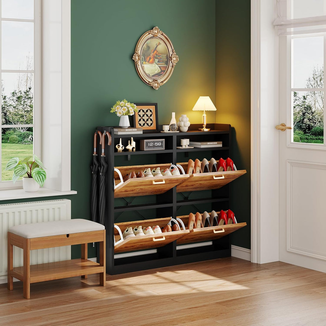 Schuhschrank mit 4 Klappen 20 cm Ultradünn,bis Grösse EU59 Passen, Schuhregal Schmaler aus Holz mit