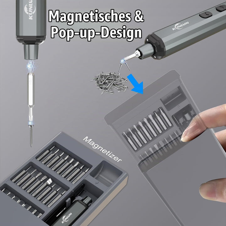 KUNLUN Mini Elektro Schraubendreher Set 70 in 1 mit 64 Magnetischen Bits 5 Gänge Drehmoment LED Bild