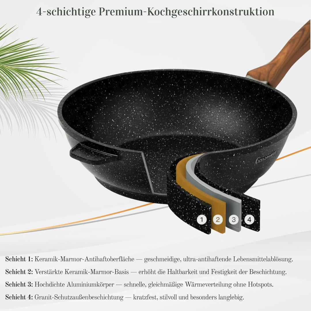 Goldmann Tiefe Bratpfanne 24 cm mit Glasdeckel – Aluminiumguss-Pfanne mit Keramik-Marmor Antihaftbes