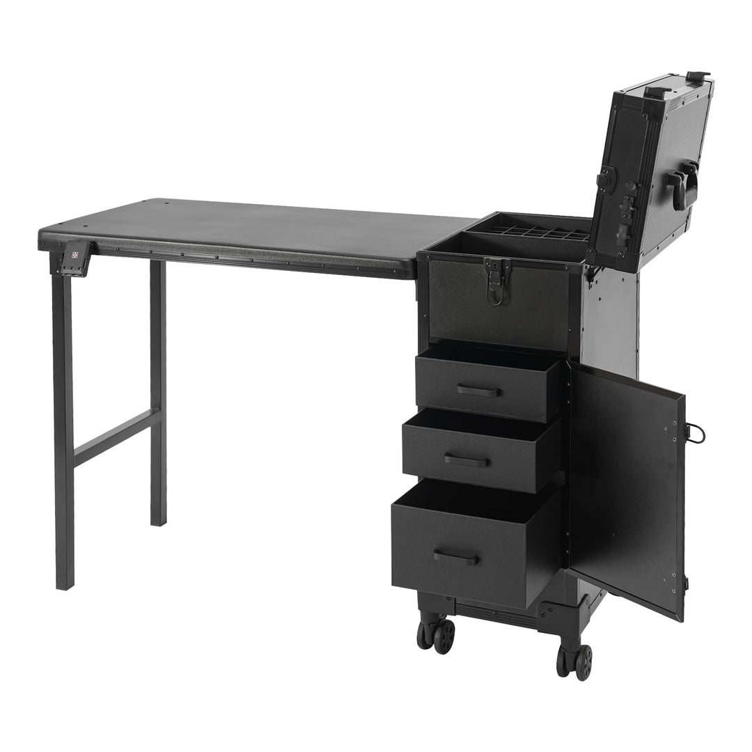 Professioneller Schminkkoffer mit Klappbarer Tisch, Rollender Friseurkoffer mit Spiegel & 3 Schublad