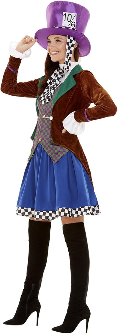 Miss Hatter Costume, Multi-Coloured, with Jacket, Attached Waistcoat, Skirt & Hat (XS) XS - UK Size