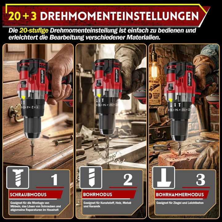 130Nm Akkuschrauber mit Schlagbohrfunktion - 21V Bürstenloser Akkubohrer mit 4.0Ah Akku & Ladegerät,