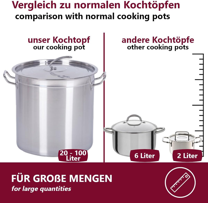 Gastronomie Kochtopf Suppentopf - 20 bis 100 Liter Edelstahl Kochtöpfe - ideal geeignet für ALLE Her