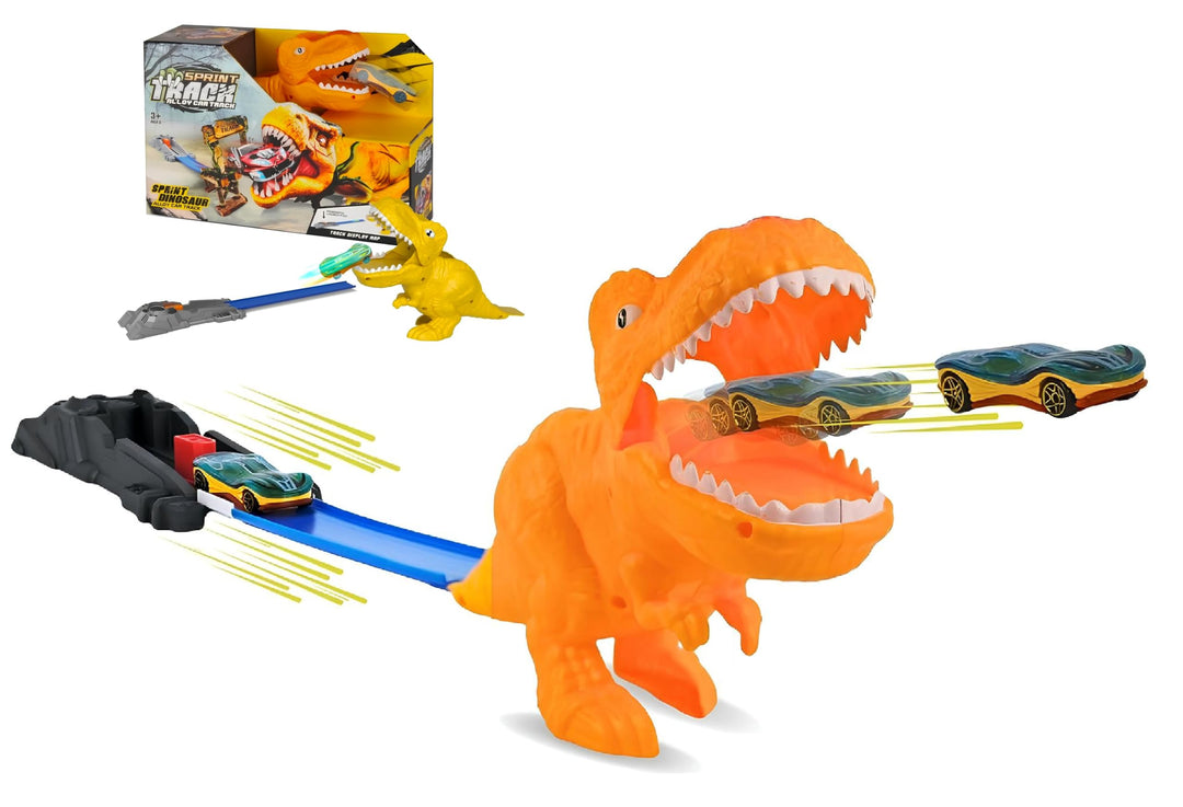 Dinosaurier-Bahn Tyrannosaurus T-Rex mit Launcher und Auto aus Metall Rennbahn Autos Todessprung Fle