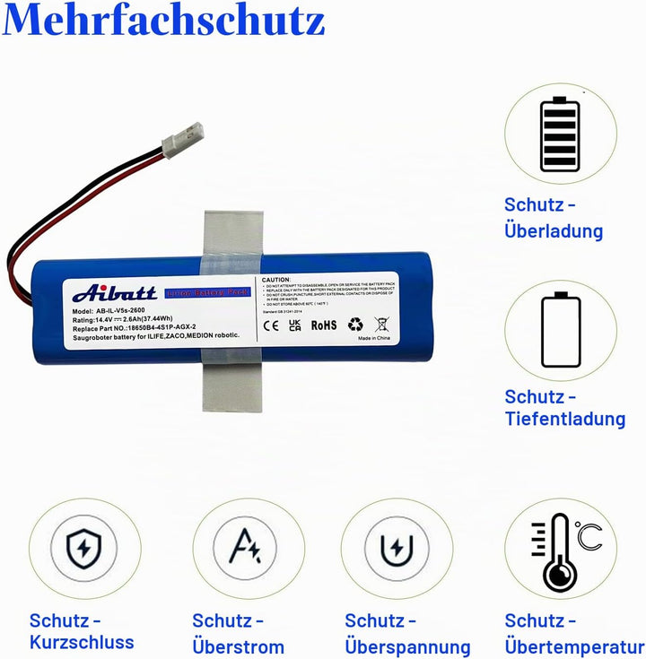Aibatt Li-ion akku,Ersatzakku für iLife Zaco V5s Pro,V5x,V4,V3s Pro,V8s,V50,V80,V85 Home Cleaner Hei
