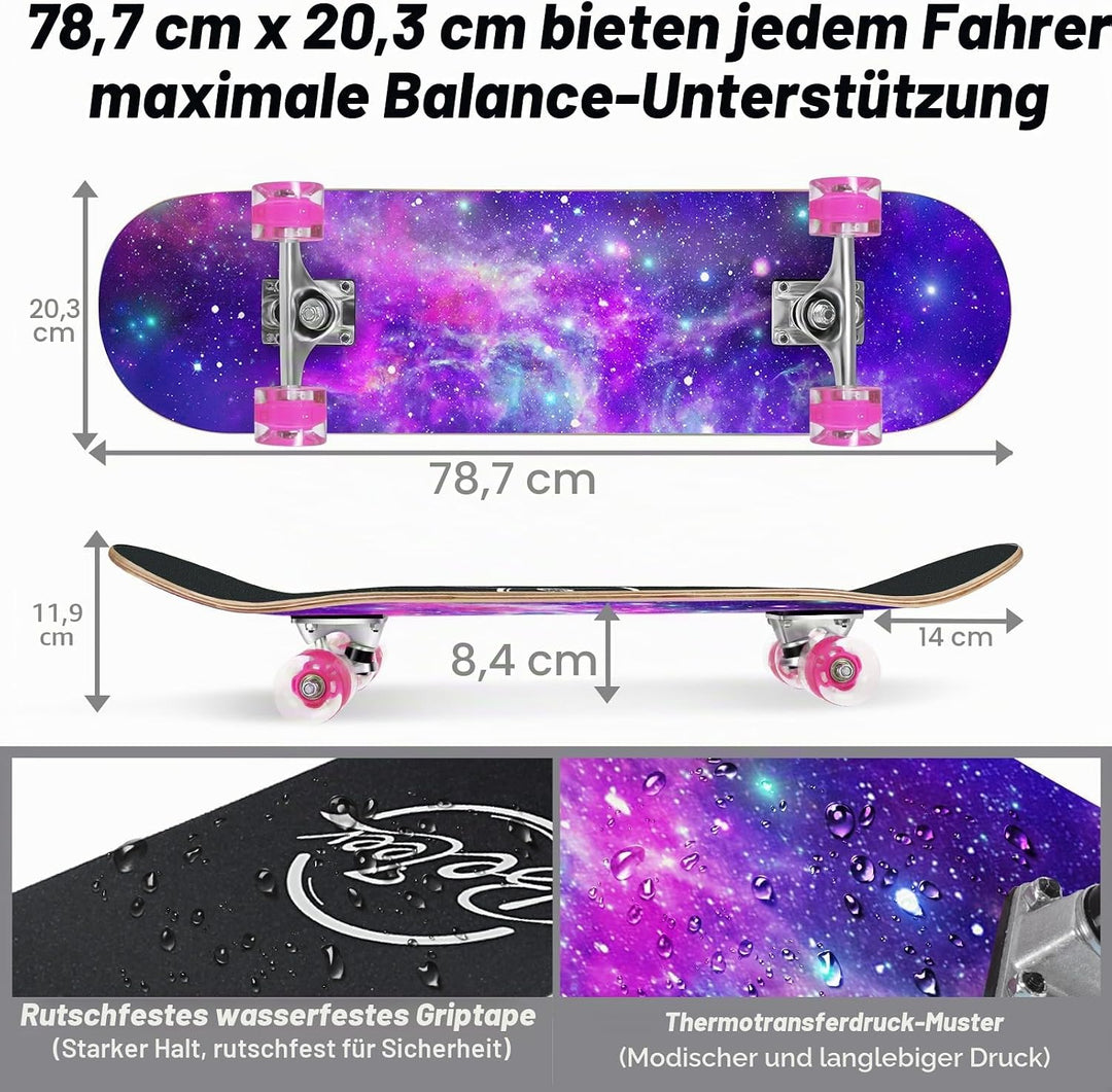 BELEEV Skateboard 31x8 Zoll Komplette Cruiser Skateboard für Kinder Jugendliche Erwachsene, 7-Lagige