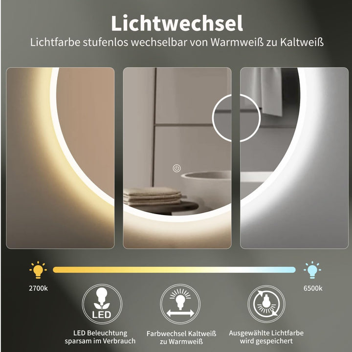 HOKO® Runder LED Badspiegel 80cm Hamburg. Designspiegel mit KOSMETIKSPIEGEL 3-Fach, Bad Spiegel LED