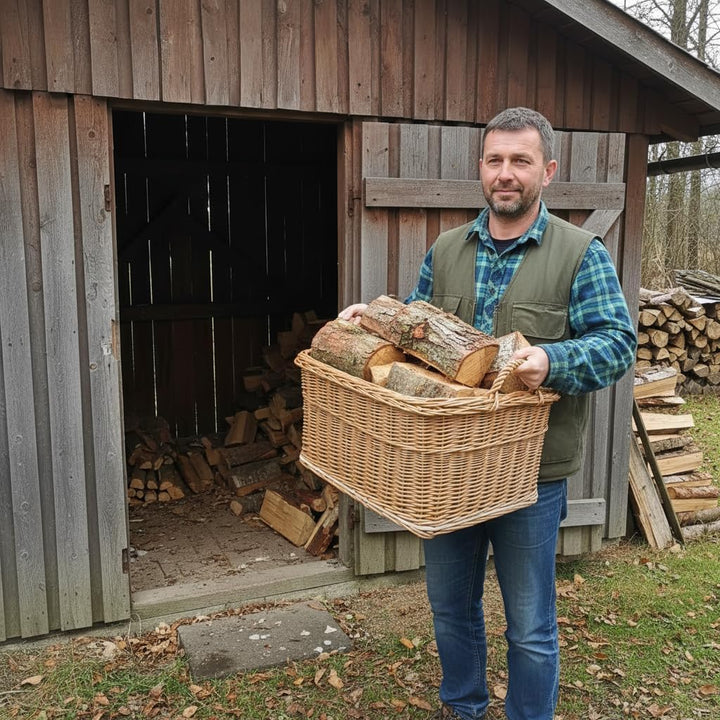 BOGATECO Kaminholzkorb Weide Rechteckig 60x50 cm, Stabiler Brennholzkorb mit Sperrholzboden und Jute