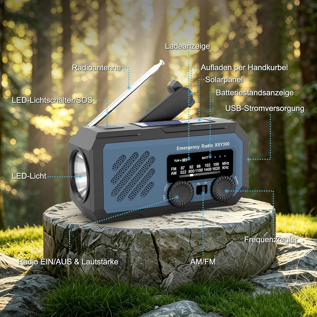 Tragbares Notfallradio, 2000mAh, AM/FM, Solar & Handkurbel, LED-Taschenlampe, Powerbank, Wetterkanal