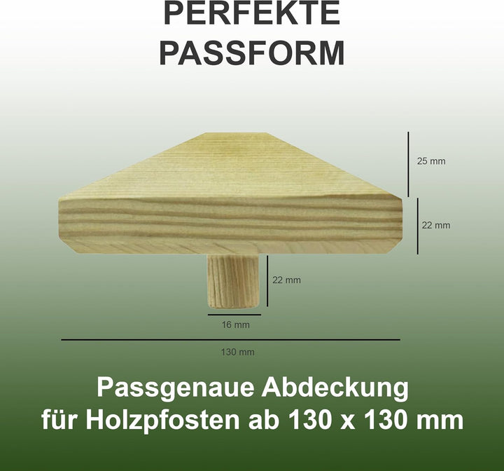 Pfostenkappe | Holz imprägniert | 130 x 130 mm | 3 Stück | Eckige Abdeckkappe für Garten Holzpfosten