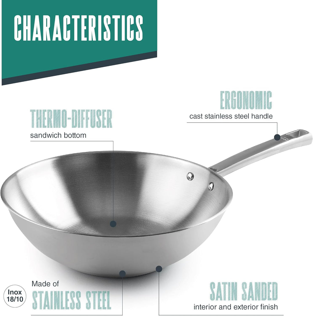 LACOR - 45828 - Wok Foodie, Edelstahl 18/10, ergonomischer Griff, Sandwich-Wärmediffusorboden, geeig