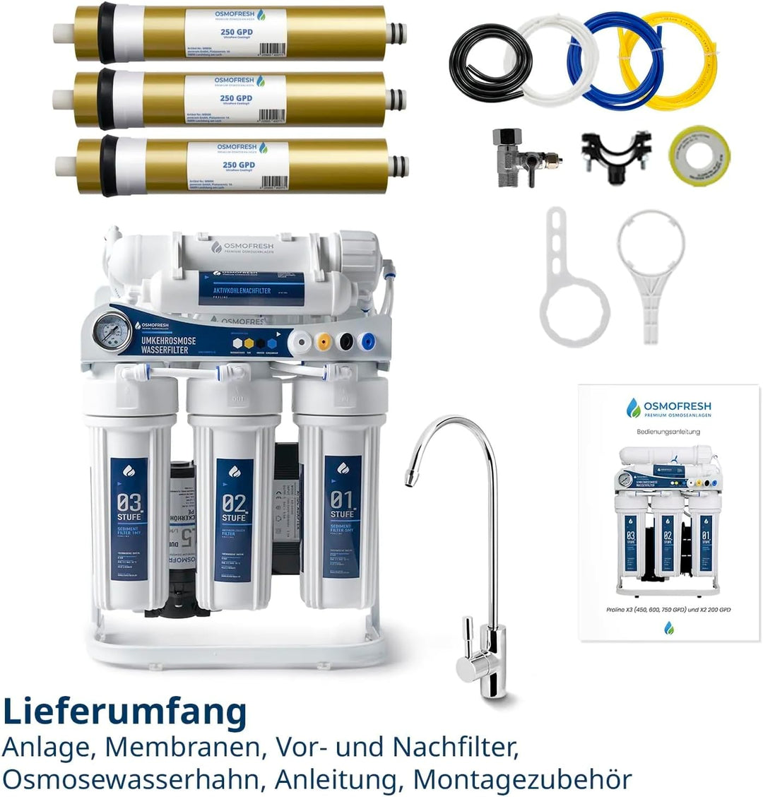 OsmoFresh Osmoseanlage Proline X3 | 750 GPD | 1,8 l/min | 115 l/h | Premium Osmosehahn GRATIS | vom