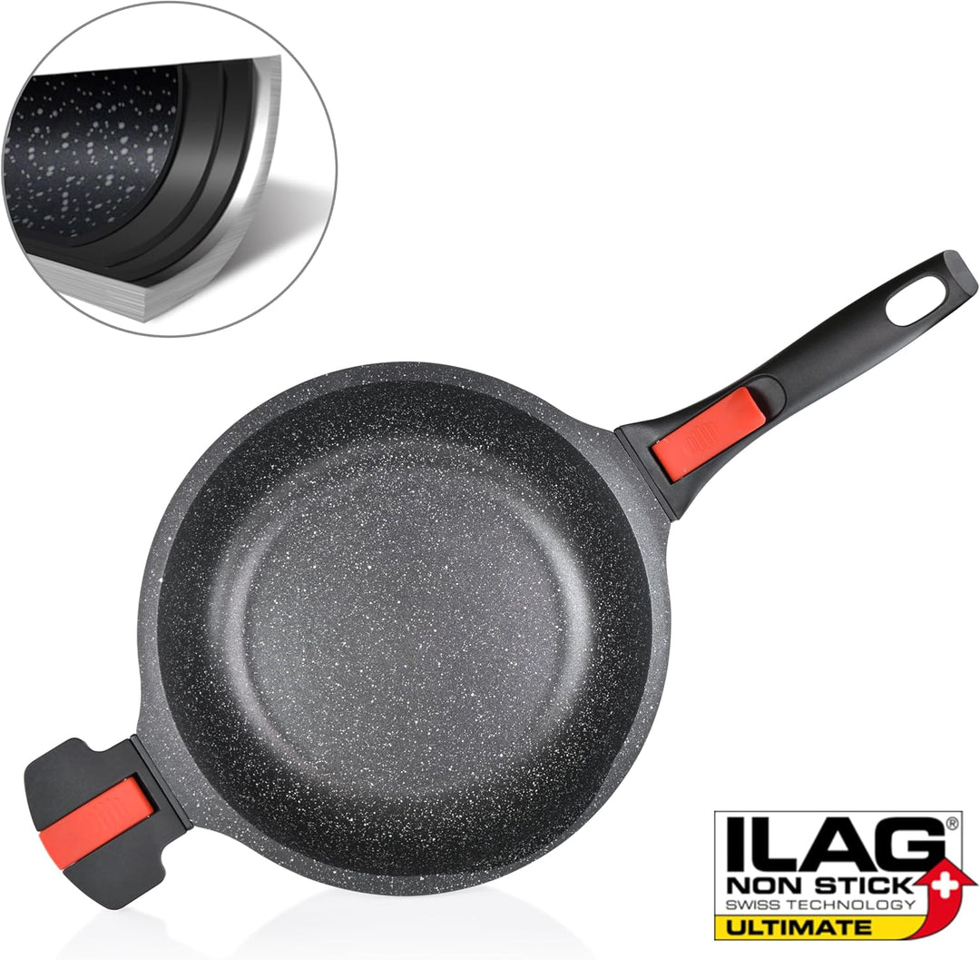 Linnuo Schmorpfanne Bratpfanne 24 cm hoher Rand, Aluguss Pfanne mit Deckel 24cm, abnehmbare Griffe,