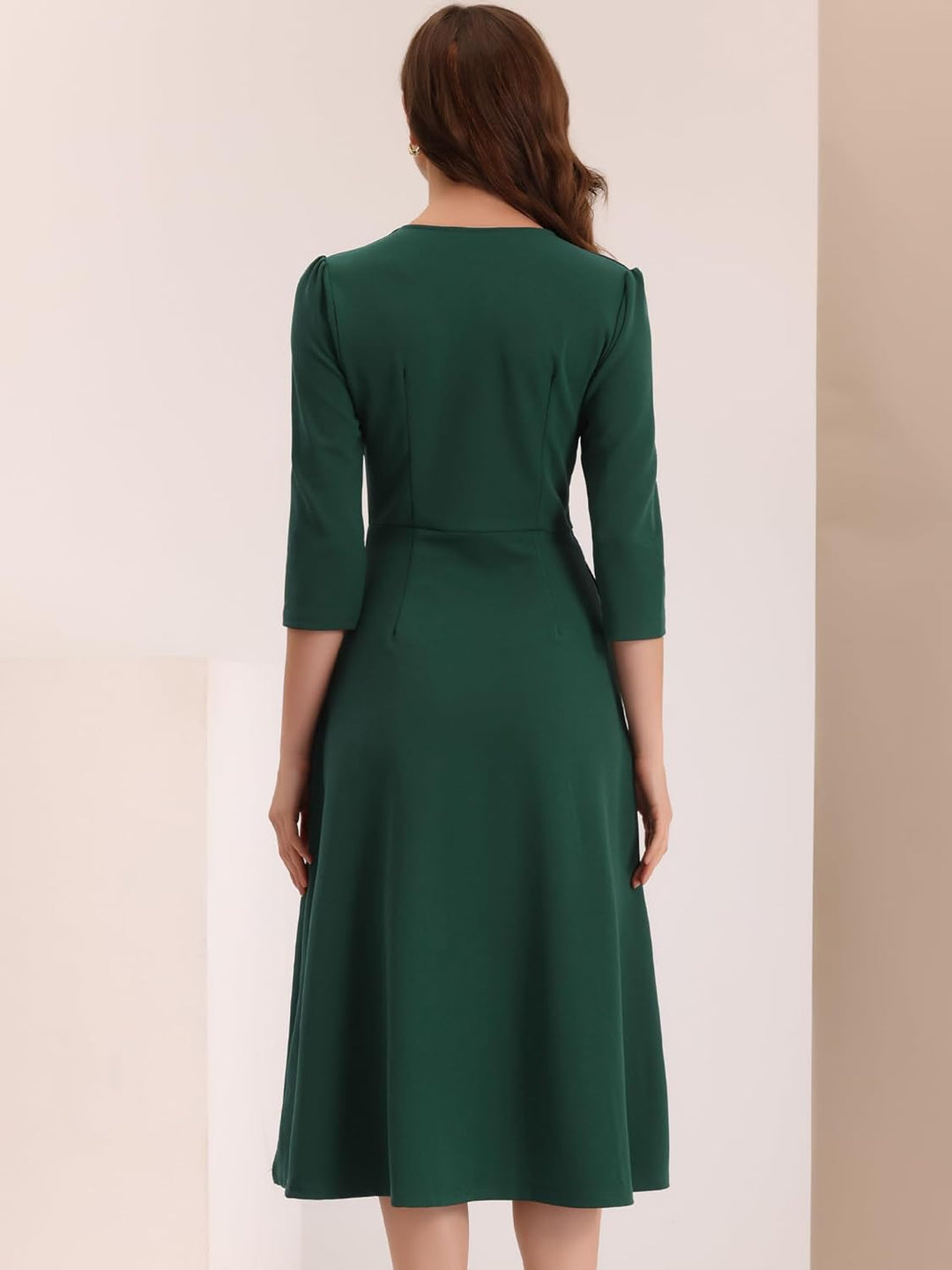 Allegra K Damen 3/4-Ärmeln A-Linie V-Ausschnitt Kleid Taschen Arbeit Elegantes Midikleid Dunkelgrün