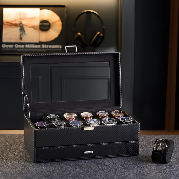 ProCase 12 Slot Uhrenbox für Herren，Uhrenkasten mit Schublade, Men’s Watch Box, Uhrenaufbewahrung Uh