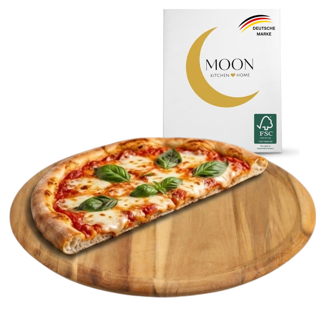 MOON HOME Pizzabrett - 3er Set Saturn ⌀32x2 cm, FSC® Akazie/Holz, grosser Pizzateller rund, Pizza-Se