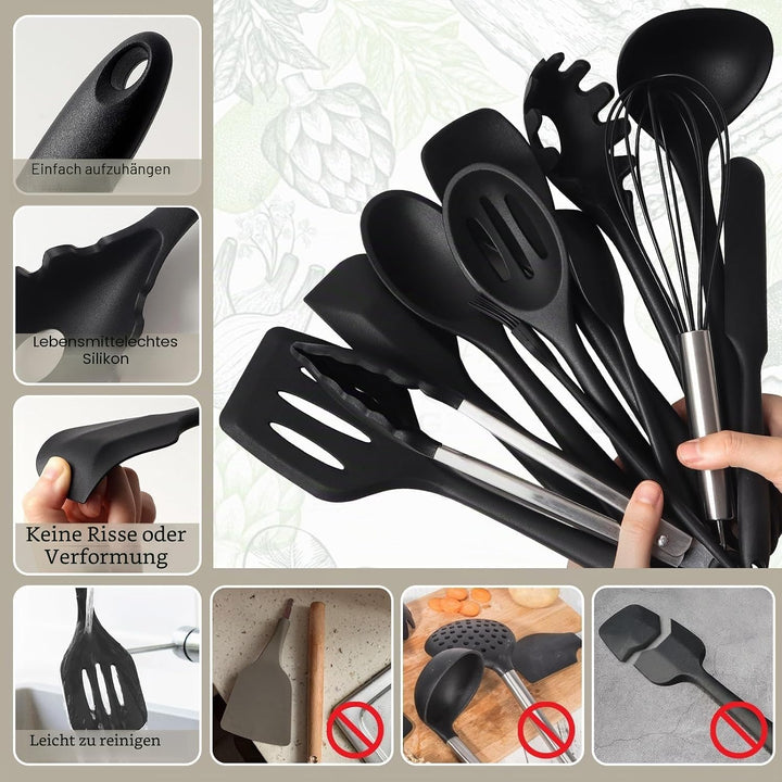 13 Stücke Küchen Kochutensilien Set, Silikon Küchenhelfer Set mit Utensilienhalter, Hitzebeständiger