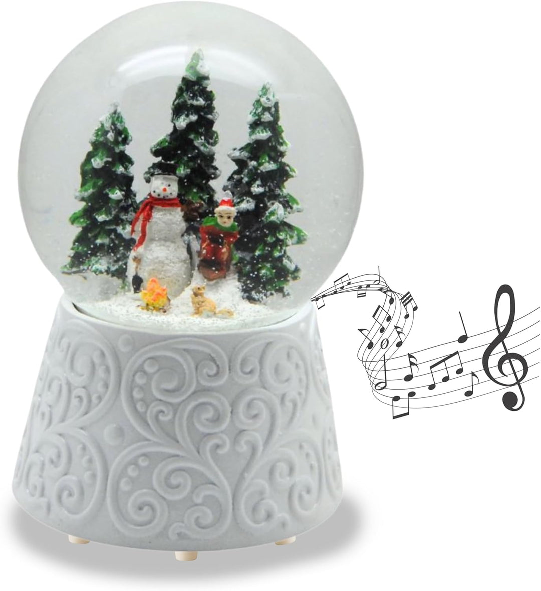 Schneekugel Weihnachten Spieluhr | Schneemann Steht Kind auf Schlitten| Ornament Sockel weiss | Höhe