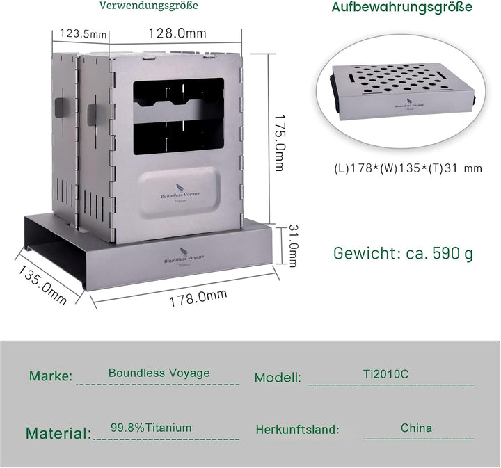 Boundless Voyage Campingkocher, tragbar, zusammenklappbar, Titanofen, Holzofen, leicht, kompakt, lan
