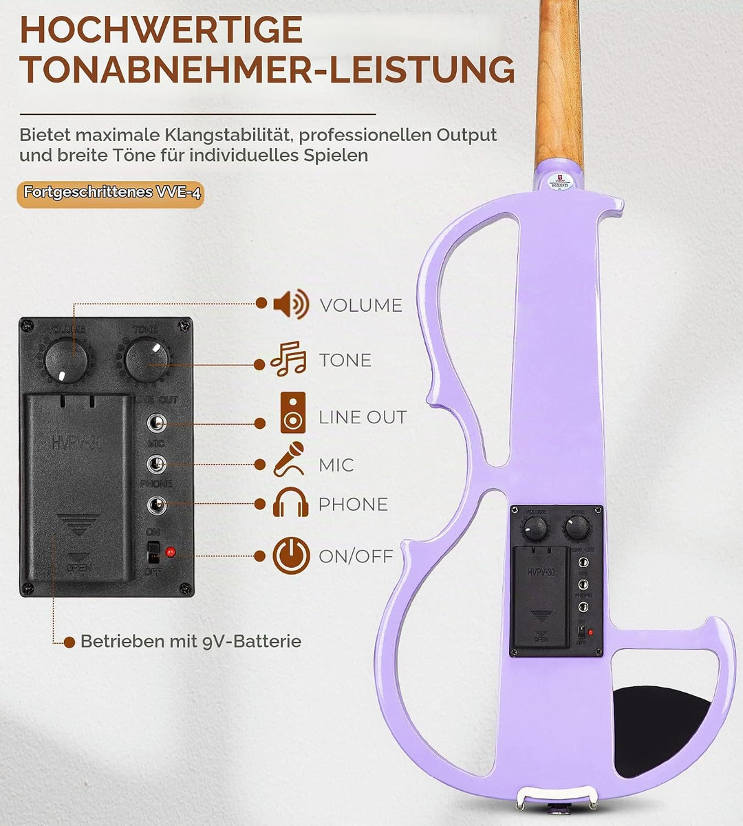 Vangoa 4/4 Elektrische Violine Stille Geige aus Massivem Holz mit Kolophonium, Tragetasche, Kabel, S