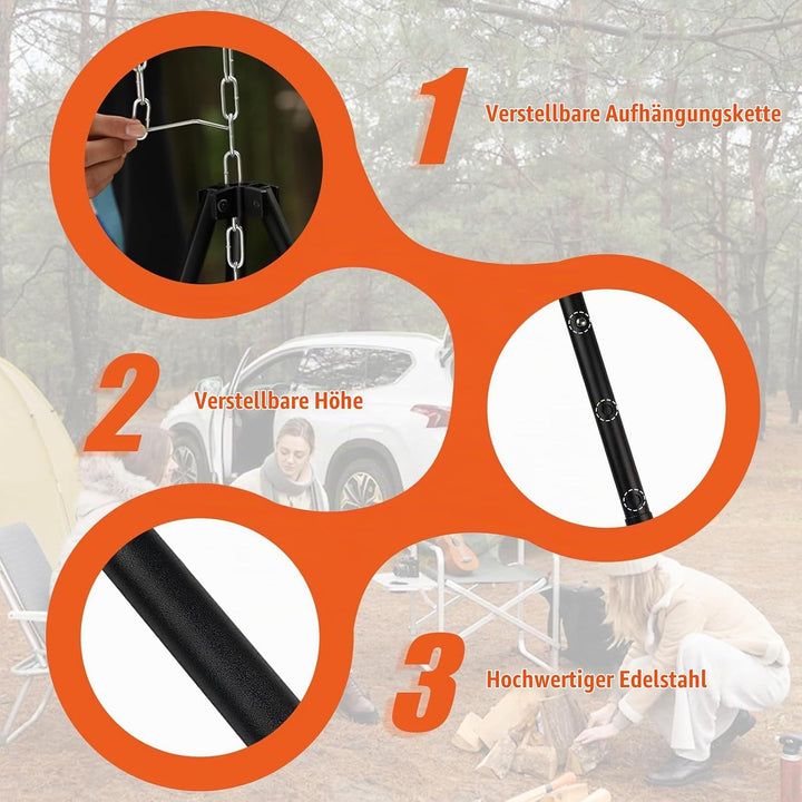 110CM Camping Stativ Lagerfeuer Kochen Stativ Outdoor Grillrost Stand Halterung Hängekette Verstellb