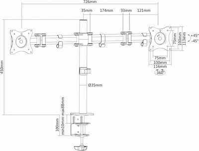 PureMounts PM-OFFICE-02 Schreibtischhalterung für 2 Monitore 33-69 cm (13-27 Zoll), neigbar: -45° bi