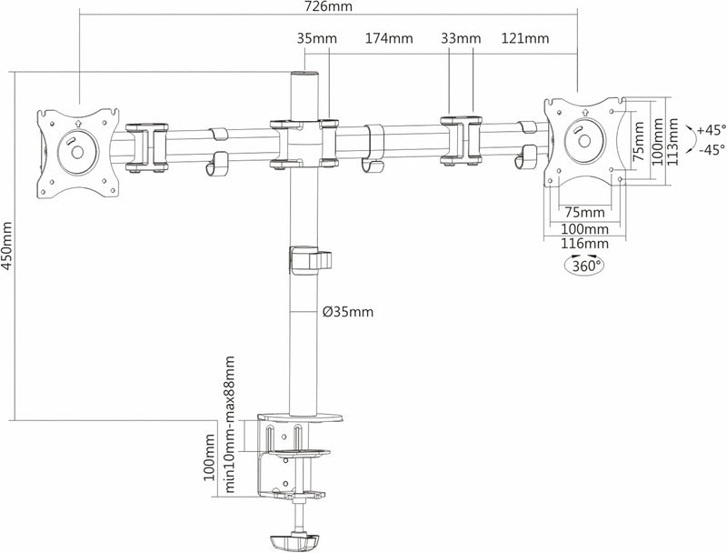 PureMounts PM-OFFICE-02 Schreibtischhalterung für 2 Monitore 33-69 cm (13-27 Zoll), neigbar: -45° bi