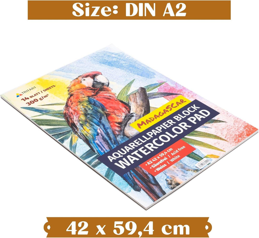 Tritart Aquarellpapier A2 300g 14 Blatt | Din A2 Aquarellblock | Malpapier für Kinder und Erwachsene