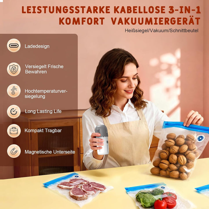 3 in 1 Handliche Vakuumiergerät, Folienschweissgerät mit 20 Wiederverwendbare Vakuumbeutel, Bag Seal