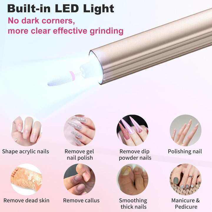 Elektrischer Nagelschleifer, kabellos, UV-Lampe, Set mit 7 Aufsätzen, 30.000 U/min, wiederaufladbare