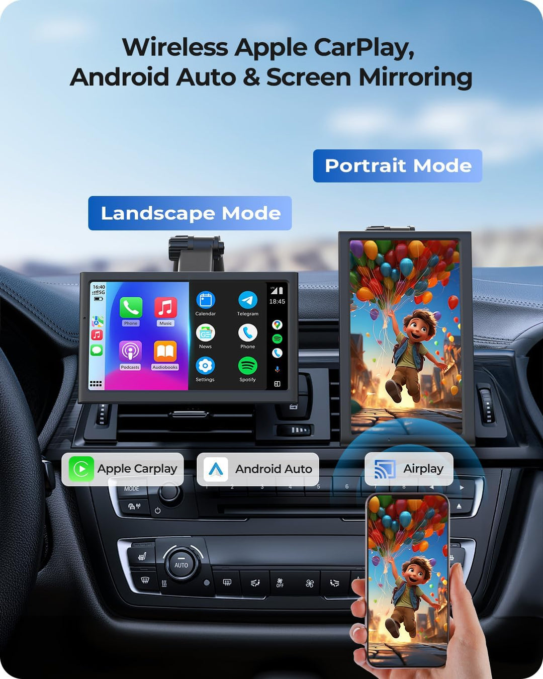 7” tragbarer CarPlay Display für Autos, 60FPS Car Play für Apple CarPlay &amp; Android Auto, Auto Displa