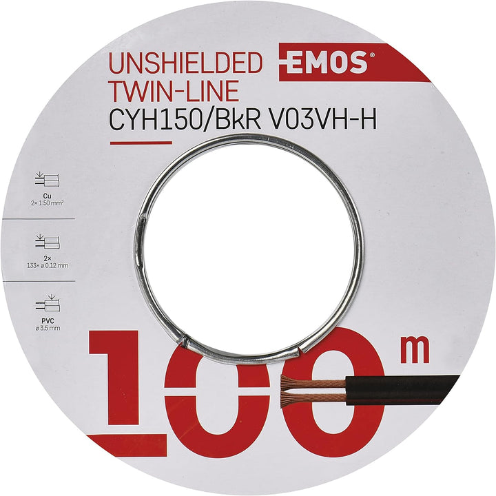 EMOS S8290 Kupferkabel 2 x 1,5 mm2, 100 Meter Zweidrahtleitung aus reinem Kupfer für Niederspannung,