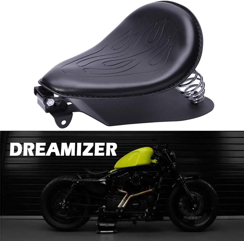 DREAMIZER Schwarzer Motorrad Leder Bobber Sitz, Motorrad Solositz mit Federhalterung Grundplatte für